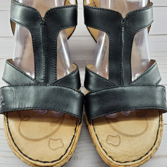 Born Womens Sandal Size 11 Wedge Heel Cork Platform‎ Black Leather Straps D65403 - Picture 2 of 10